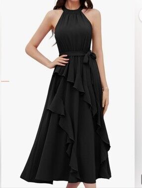 Grace Karin Black Halter Ruffle Midi Dress with Waist Tie